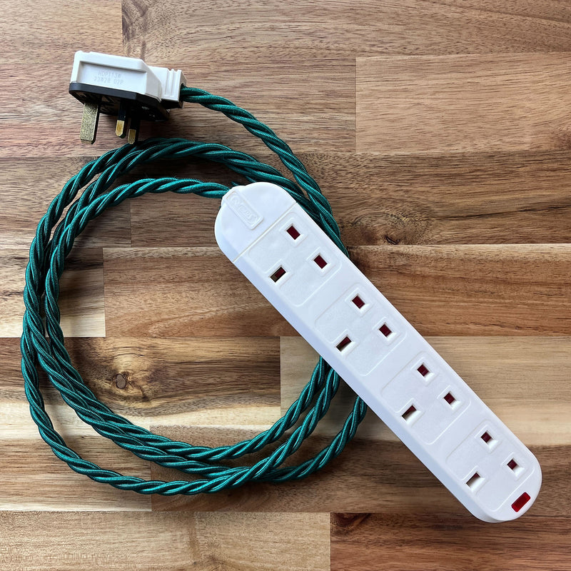 Green Braided Fabric Decorative Extension Lead - White 4 Gang Trailing Socket