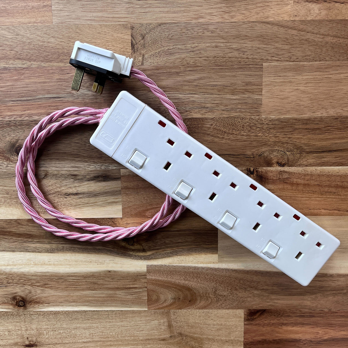 Pink Braided Fabric Decorative Extension Lead - White 4 Gang Switched Trailing Socket