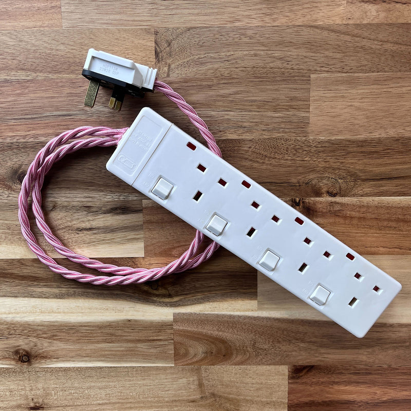 Pink Braided Fabric Decorative Extension Lead - White 4 Gang Switched Trailing Socket
