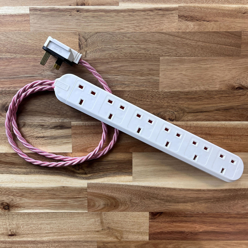Pink Braided Fabric Decorative Extension Lead - White 6 Gang Trailing Socket