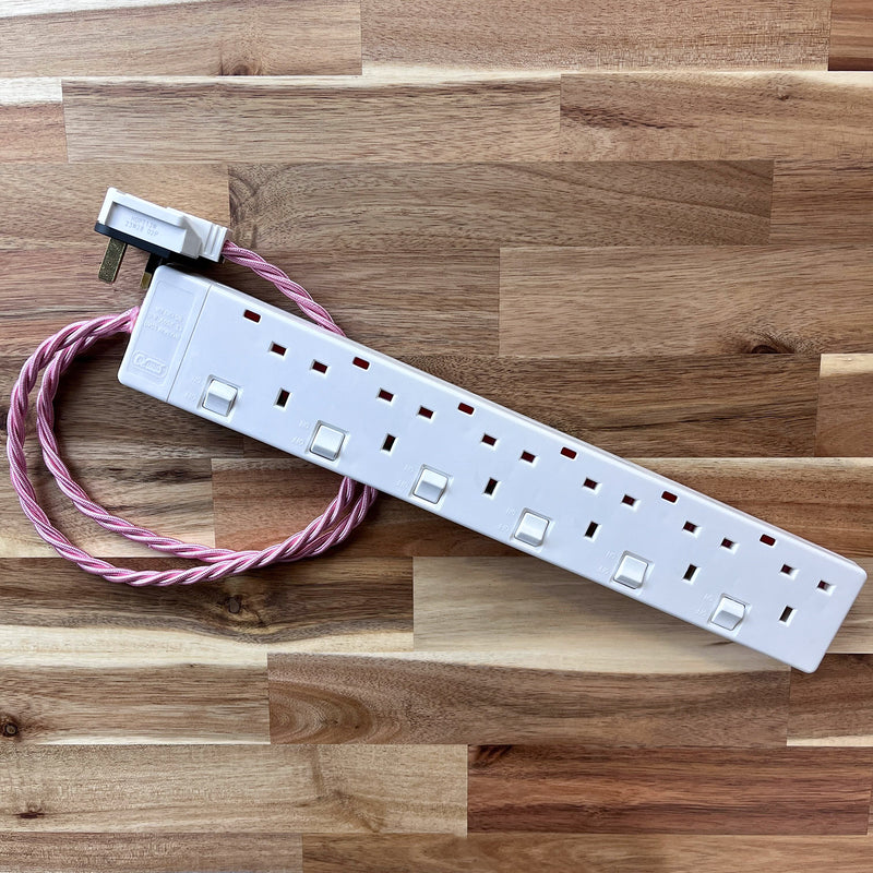 Pink Braided Fabric Decorative Extension Lead - White 6 Gang Switched Trailing Socket
