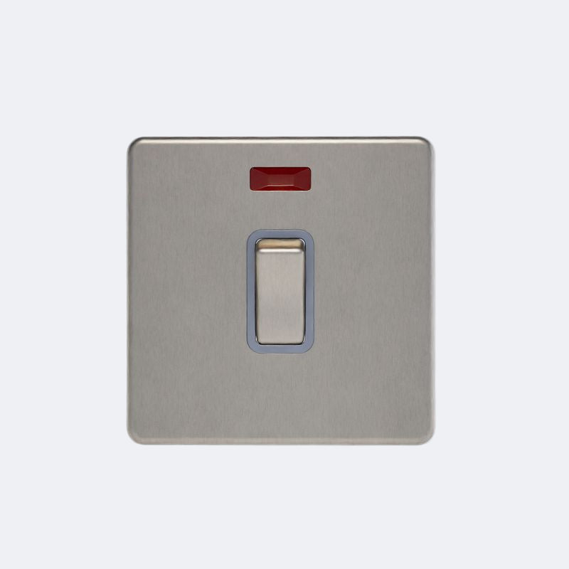 screwless 20A switch with neon light in brushed steel with grey inserts
