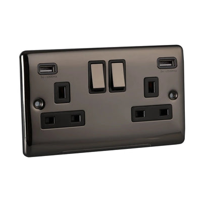Caradok 2 Gang Double Pole switched socket with USB sockets - Black Nickel - Caradok