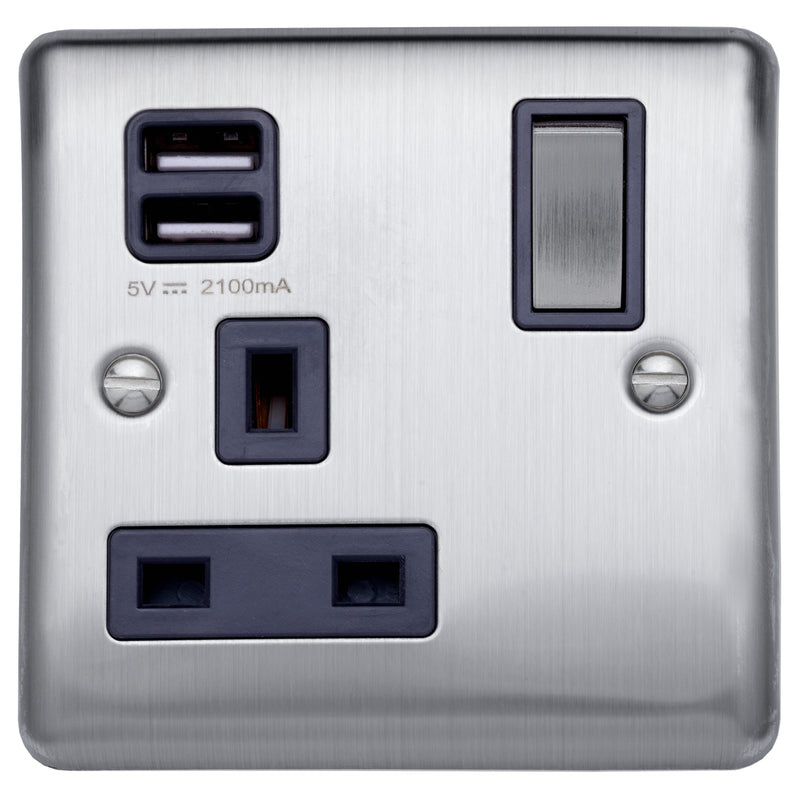 Caradok 13A 1 gang switched socket+2×1.0A USB outlet Brushed Chrome, Metal Switch, Grey Insert - Caradok