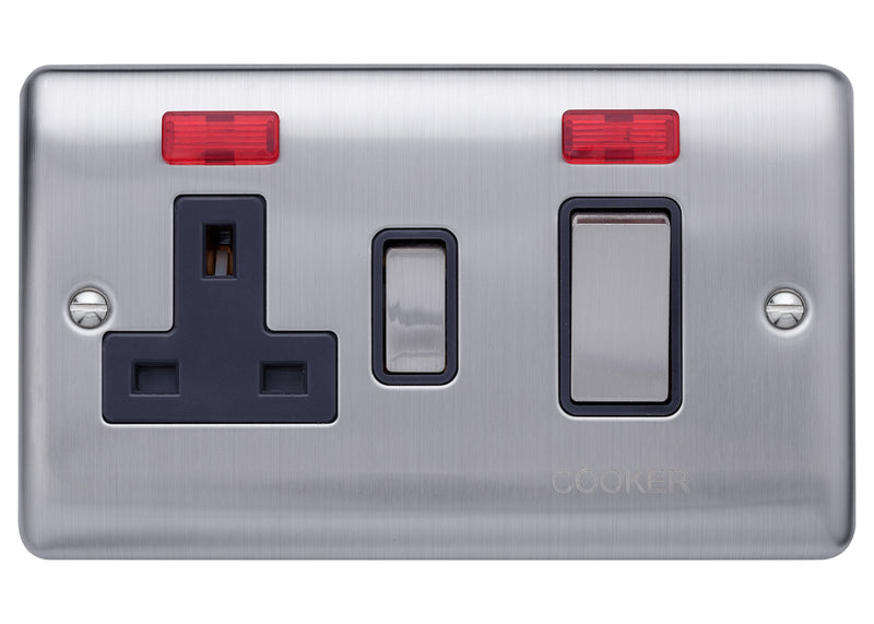 Caradok 45A switch+neon+13Aswitched socket+neon Brushed Chrome, Metal Switch, Grey Insert - Caradok