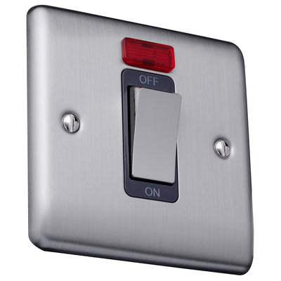 Caradok 45A 1gang double pole switch+neon single plate Brushed Chrome, Metal Switch, Grey Insert - Caradok