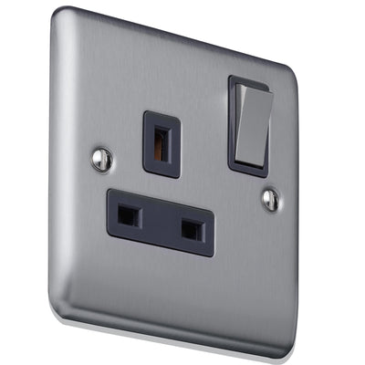 Caradok 13A 1gang switched socket, double pole Brushed Chrome, Metal Switch, Grey Insert - Caradok