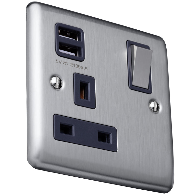 Caradok 13A 1 gang switched socket+2×1.0A USB outlet Brushed Chrome, Metal Switch, Grey Insert - Caradok
