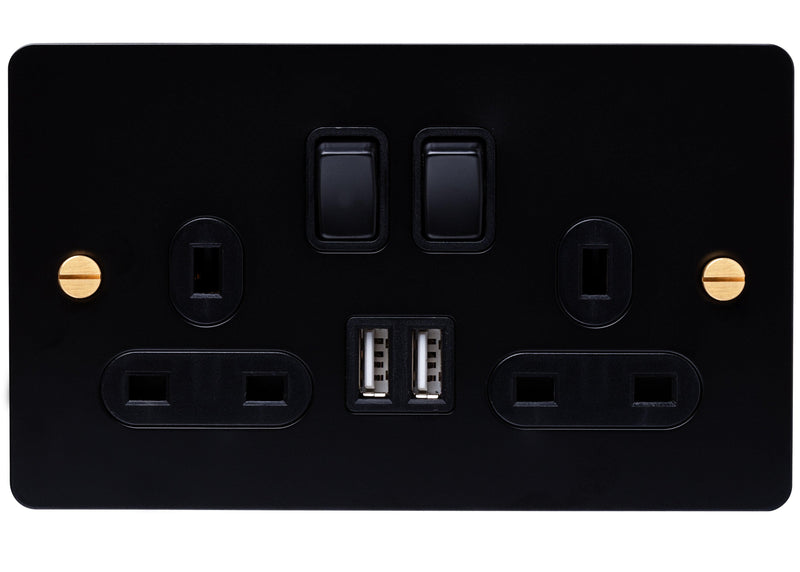 2G Matt Black Socket with Dual USB Ports and Brass Screws - Caradok