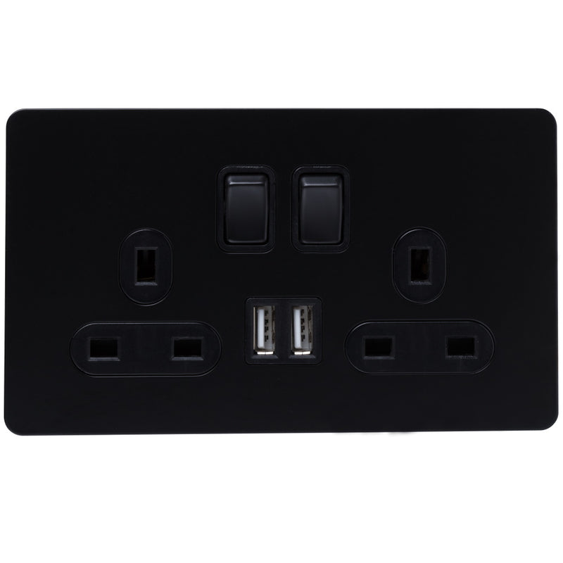 2g Matt Black Socket With USB Outlets- The Screwless - Caradok
