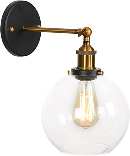 Vintage Style Single Arm Wall Light Black and Brass With Clear Glass Shade