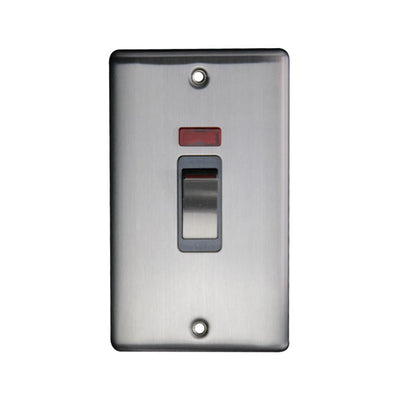 Caradok 45A 1gang double pole switch+neon double plate (86×146) Brushed Chrome, Metal Switch, Grey Insert - Caradok