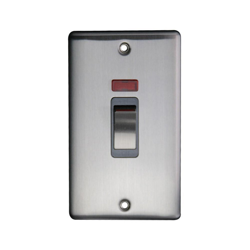 Caradok 45A 1gang double pole switch+neon double plate (86×146) Brushed Chrome, Metal Switch, Grey Insert - Caradok
