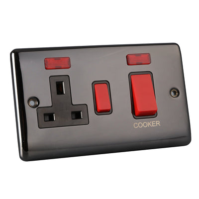Pentire 45A switch neon 13A switched socket neon Black Nickel, Metal Switch - Caradok