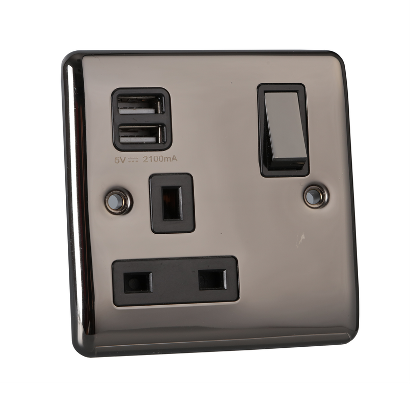 Caradok 1 Gang 2.1A Plug Socket with USB Sockets - Black Nickel - Caradok