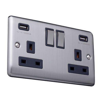 Caradok 2 Gang Double Pole switched socket with USB sockets - Brushed Steel - Caradok