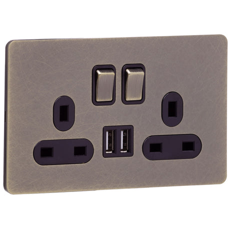 Screwless Antique Brass Socket - 2 Gang with Dual USB Charging Ports - The Georgian - Caradok