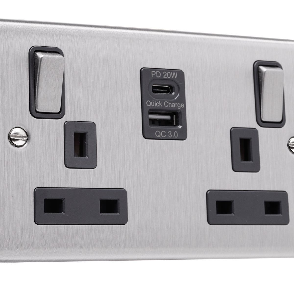 Caradok 2 Gang Double Pole Switched Socket with 1 x USB Type A Quick C