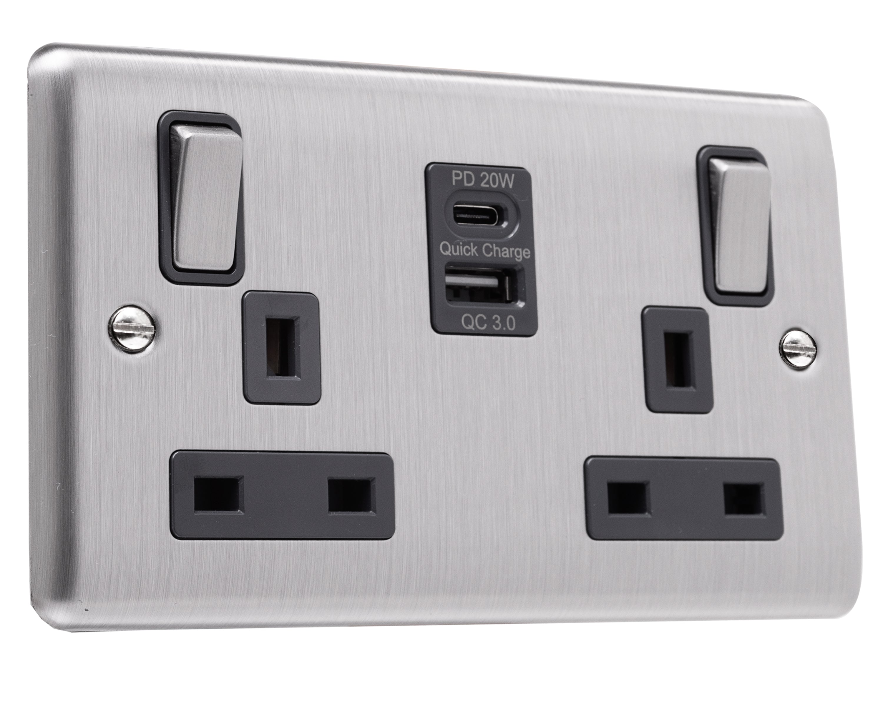 2 gang Double Pole Switched Socket with 1 x USB Type A Quick Charge ...