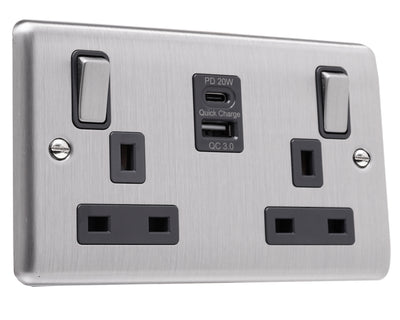 2 gang Double Pole Switched Socket with 1 x USB Type A Quick Charge + 1 x USB Type C - Brushed Steel - Caradok