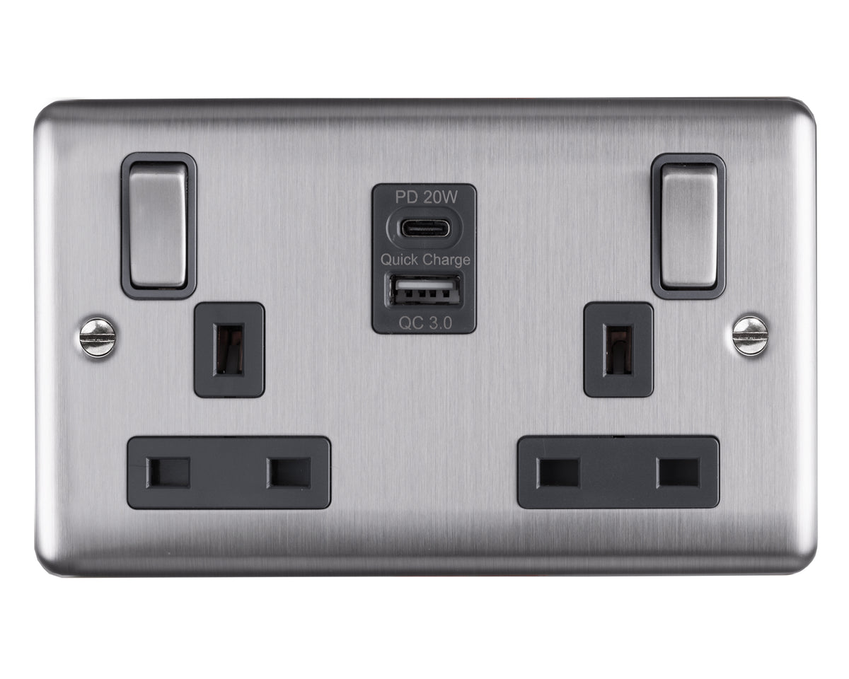 Socket Duble Caradok 2 Gang Double Pole Switched Socket with 1 x USB Type A Quick C