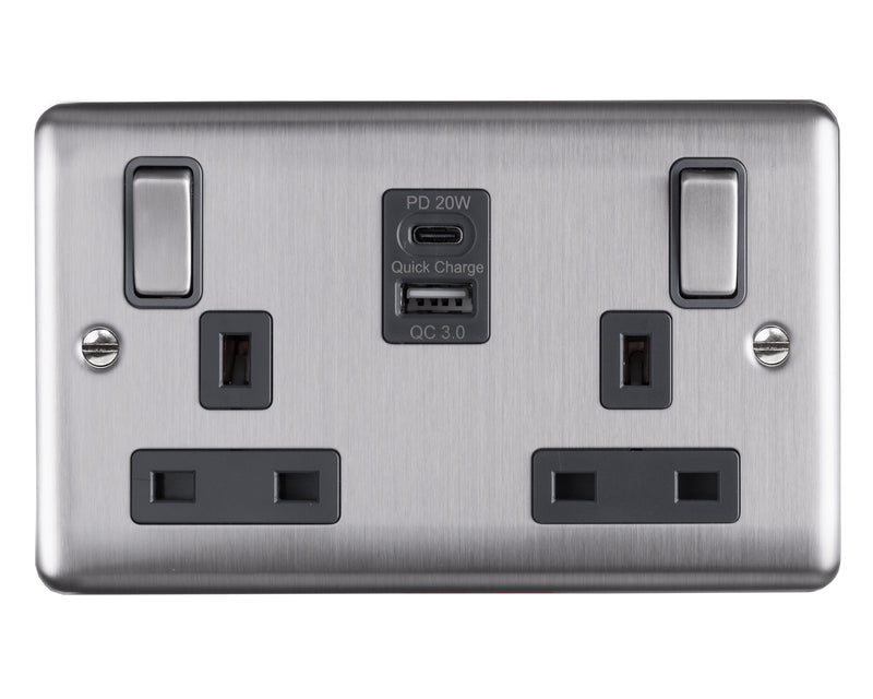 2 gang Double Pole Switched Socket with 1 x USB Type A Quick Charge + 1 x USB Type C - Brushed Steel - Caradok