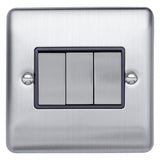 Caradok 3 gang 2 way plate switch Brushed Chrome, Metal Switch, Grey Insert - Caradok