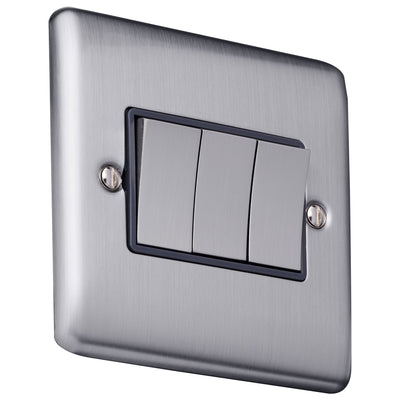 Caradok 3 gang 2 way plate switch Brushed Chrome, Metal Switch, Grey Insert - Caradok