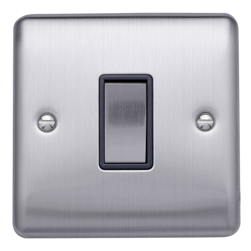 Caradok 1 gang 2 way intermediate switch Brushed Chrome, Metal Switch, Grey Insert - Caradok