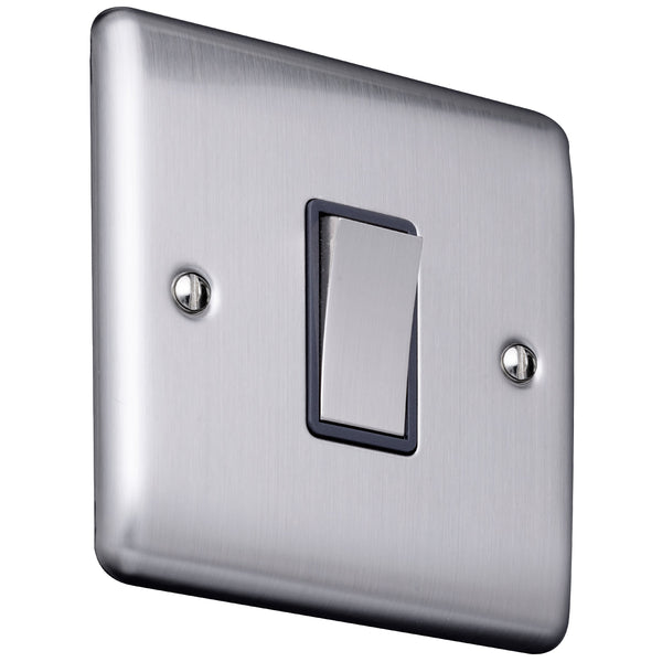 Caradok 1 gang 2 way Light Switch Brushed Chrome, Metal Switch, Grey Insert - Caradok