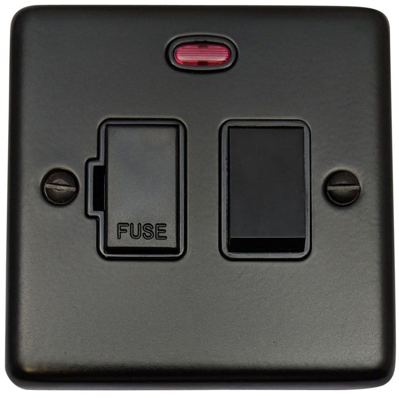 CFB27B Standard Plate Matt Black 1 Gang Fused Spur 13A Switched & Neon