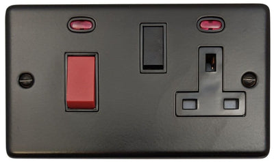 CFB29B Standard Plate Matt Black 45 Amp DP Cooker Switch & 13A Switched Socket