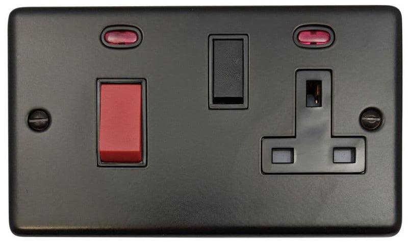 CFB29B Standard Plate Matt Black 45 Amp DP Cooker Switch & 13A Switched Socket