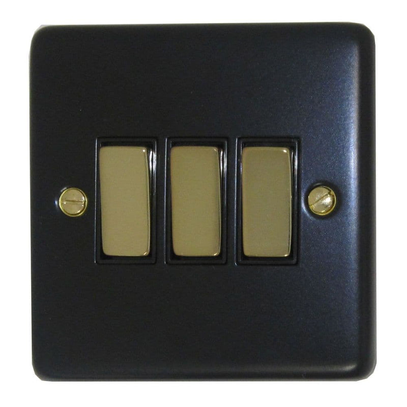 CFB303-PB Standard Plate Matt Black 3 Gang 1 or 2 Way Rocker Light Switch