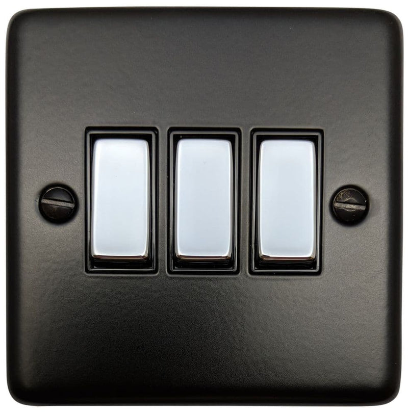 CFB303-PC Standard Plate Matt Black 3 Gang 1 or 2 Way Rocker Light Switch