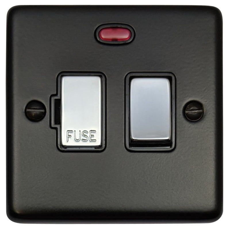 CFB327-PC Standard Plate Matt Black 1 Gang Fused Spur 13A Switched & Neon