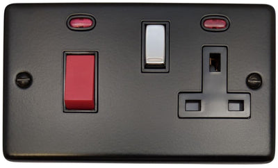CFB329-PC Standard Plate Matt Black 45 Amp DP Cooker Switch & 13A Switched Socket