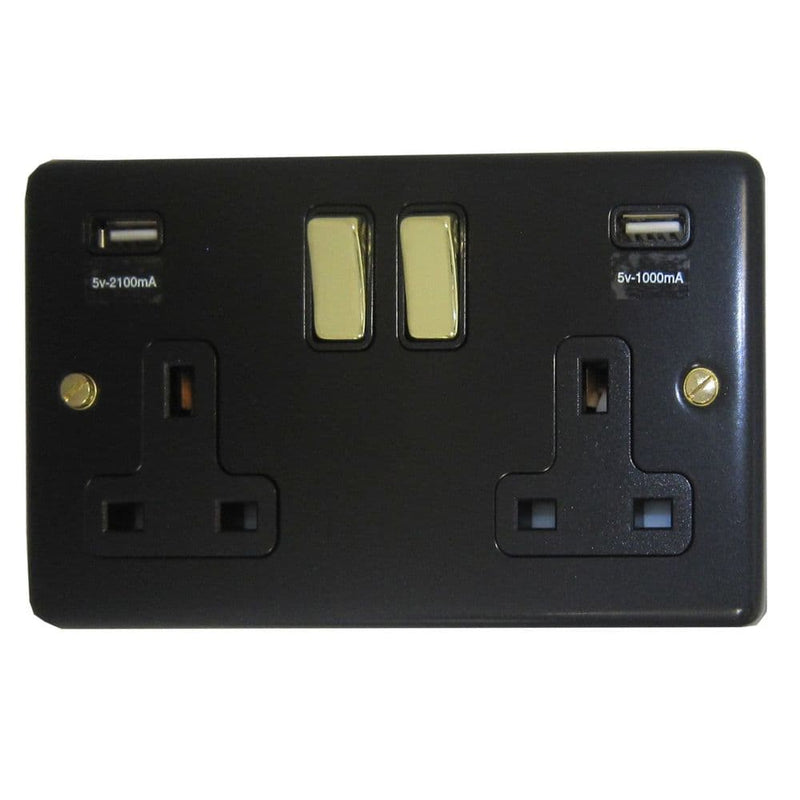 CFB3910-PB Standard Plate Matt Black 2 Gang Double 13A Switched Plug Socket 2.1A USB