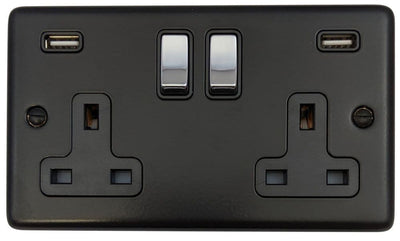 CFB3910-PC Standard Plate Matt Black 2 Gang Double 13A Switched Plug Socket 2.1A USB