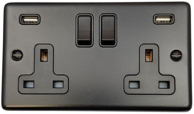 CFB910B Standard Plate Matt Black 2 Gang Double 13A Switched Plug Socket 2.1A USB