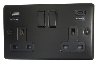 CFB911B Standard Plate Matt Black 2 Gang Double 13A Plug Socket 3.1A USB A + C