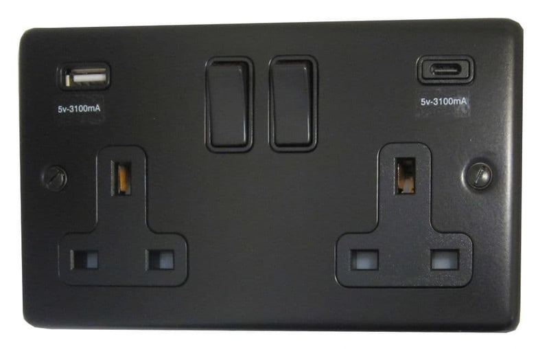 CFB911B Standard Plate Matt Black 2 Gang Double 13A Plug Socket 3.1A USB A + C