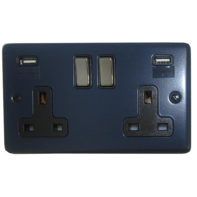CRB3910-BN Standard Plate Blue 2 Gang Double 13A Switched Plug Socket 2.1A USB