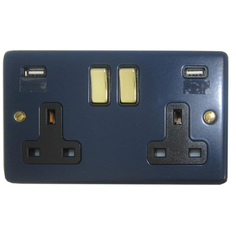 CRB3910-PB Standard Plate Blue 2 Gang Double 13A Switched Plug Socket 2.1A USB