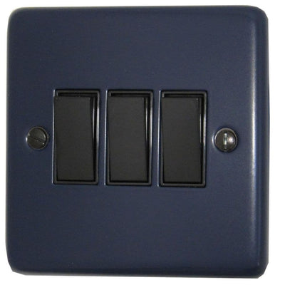 CRB3B Standard Plate Blue 3 Gang 1 or 2 Way Rocker Light Switch