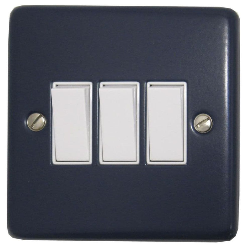 CRB3W Standard Plate Blue 3 Gang 1 or 2 Way Rocker Light Switch