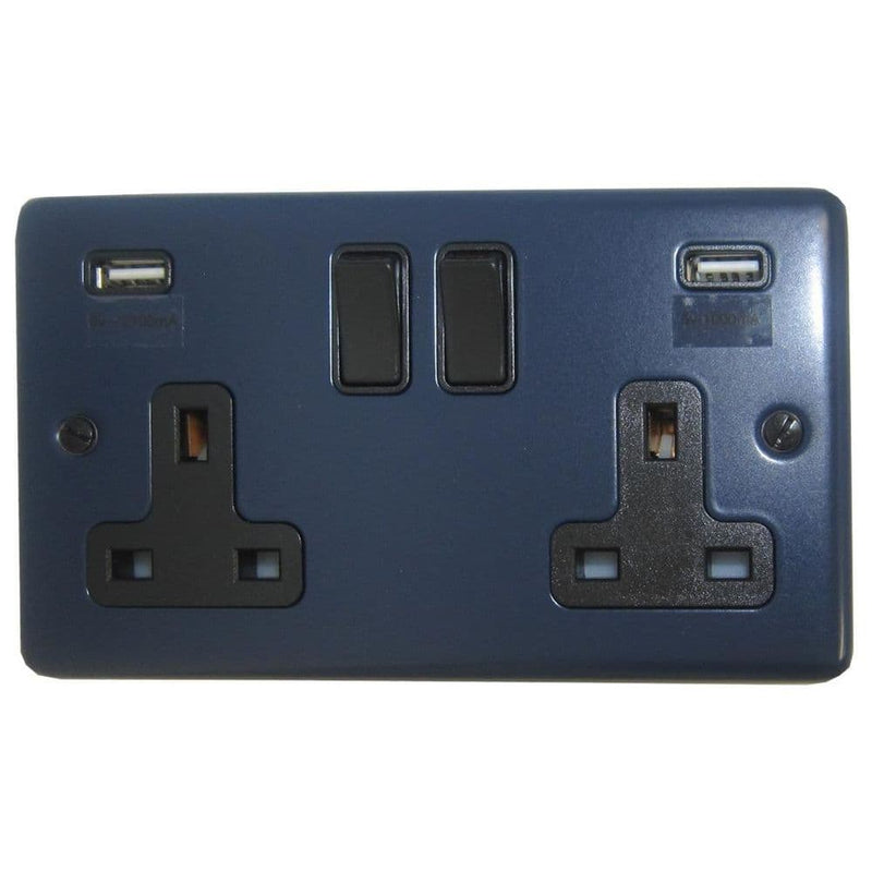 CRB910B Standard Plate Blue 2 Gang Double 13A Switched Plug Socket 2.1A USB