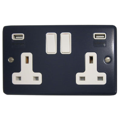 CRB910W Standard Plate Blue 2 Gang Double 13A Switched Plug Socket 2.1A USB