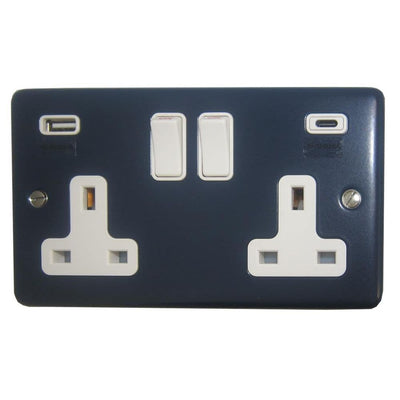 CRB911W Standard Plate Blue 2 Gang Double 13A Plug Socket 3.1A USB A + C