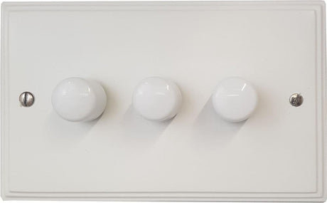 VW13-W Victorian Plate Matt White 3 Gang 1 or 2 Way 400W Halogen Dimmer Switch